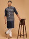 Vastramay Men's Black Ikkat Printed Cotton Nehru Jacket With Navy Blue Kurta And White Pyjama Set